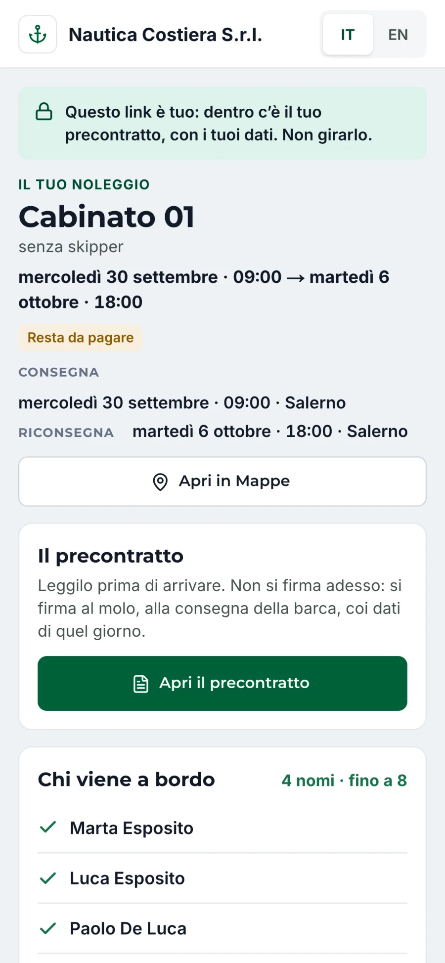 La pagina del cliente sul telefono: il suo noleggio, il precontratto da leggere e i nomi di chi viene a bordo