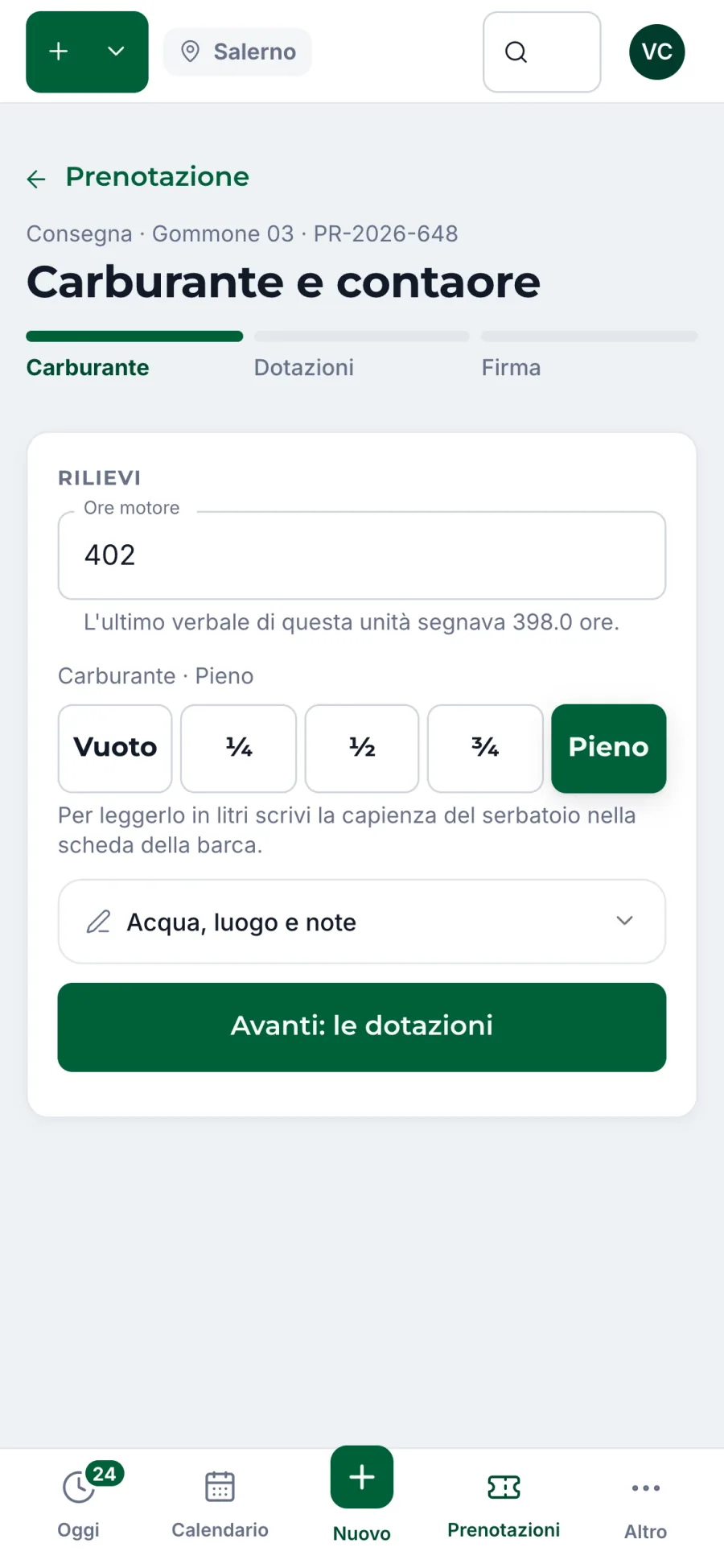 La consegna al molo dal telefono: ore motore e carburante a quarti