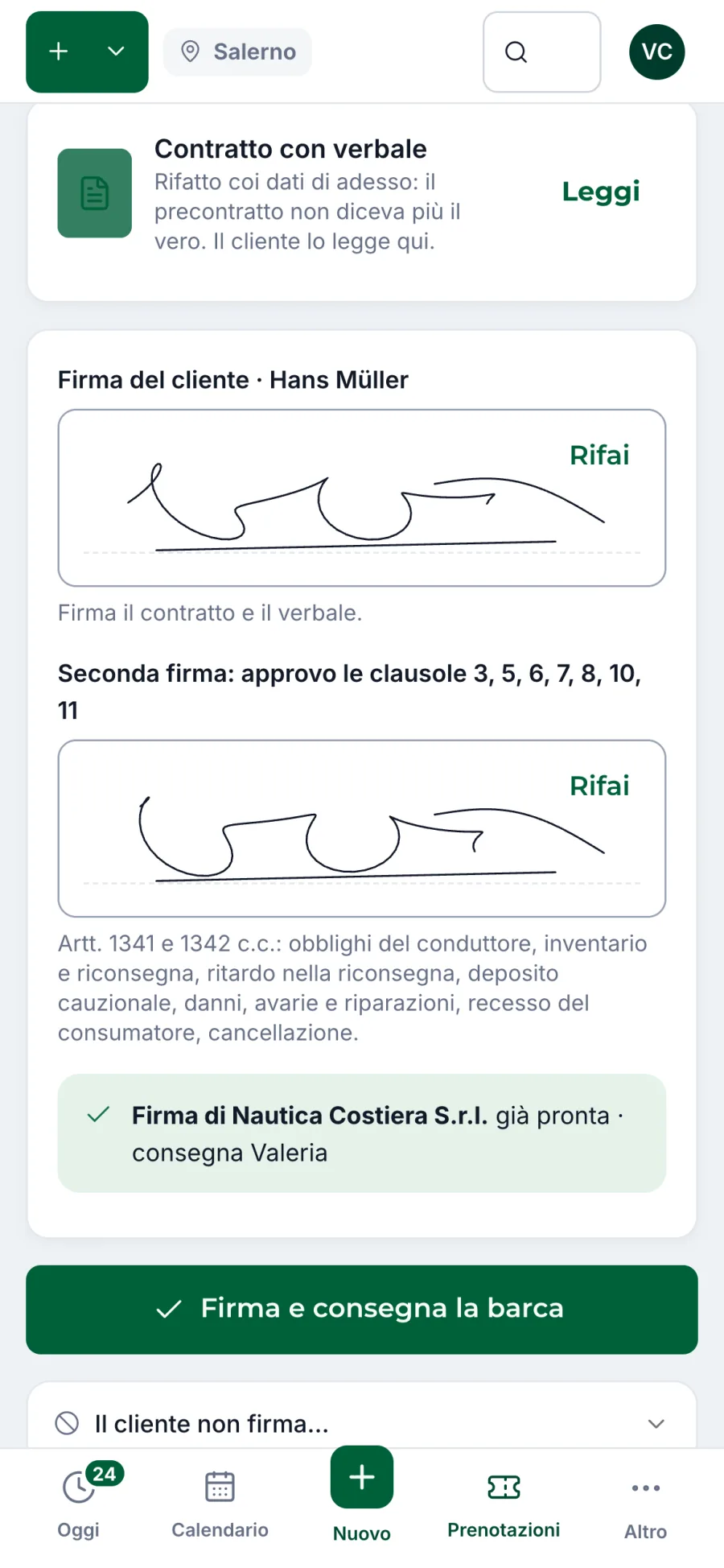 La consegna al molo dal telefono: il cliente firma contratto e verbale col dito