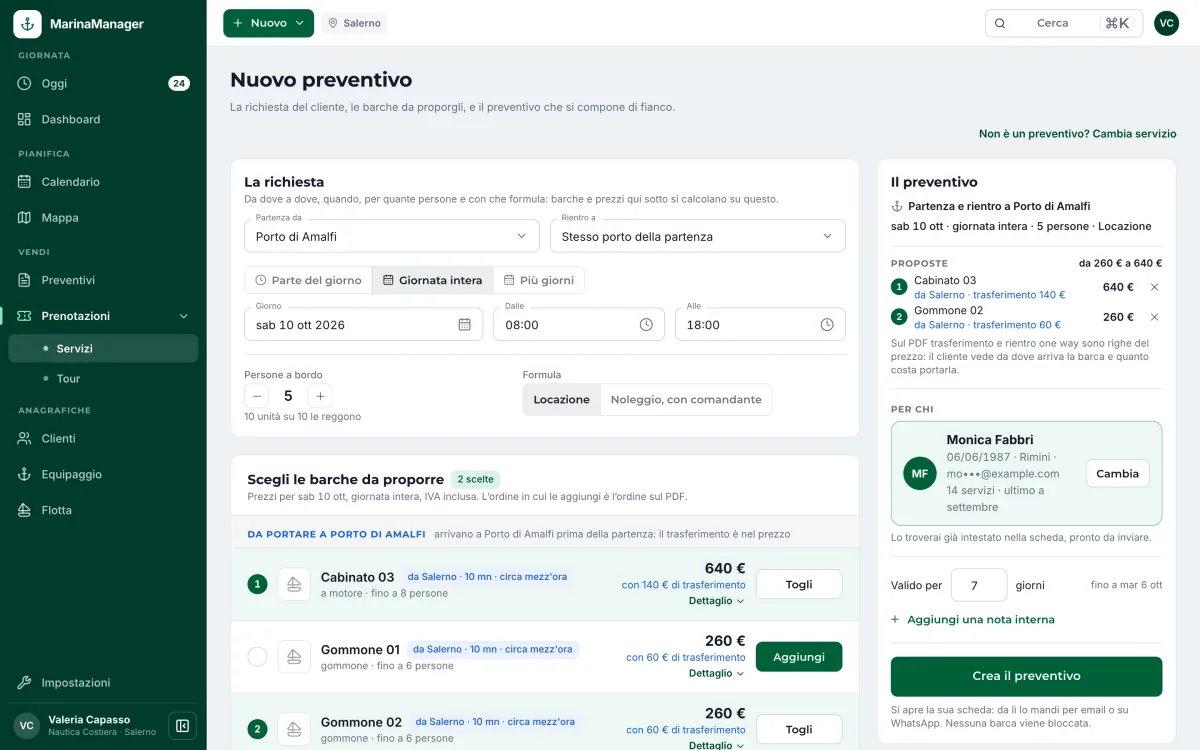 Un nuovo preventivo in MarinaManager: partenza da Amalfi, due barche proposte con il trasferimento da Salerno già nel prezzo