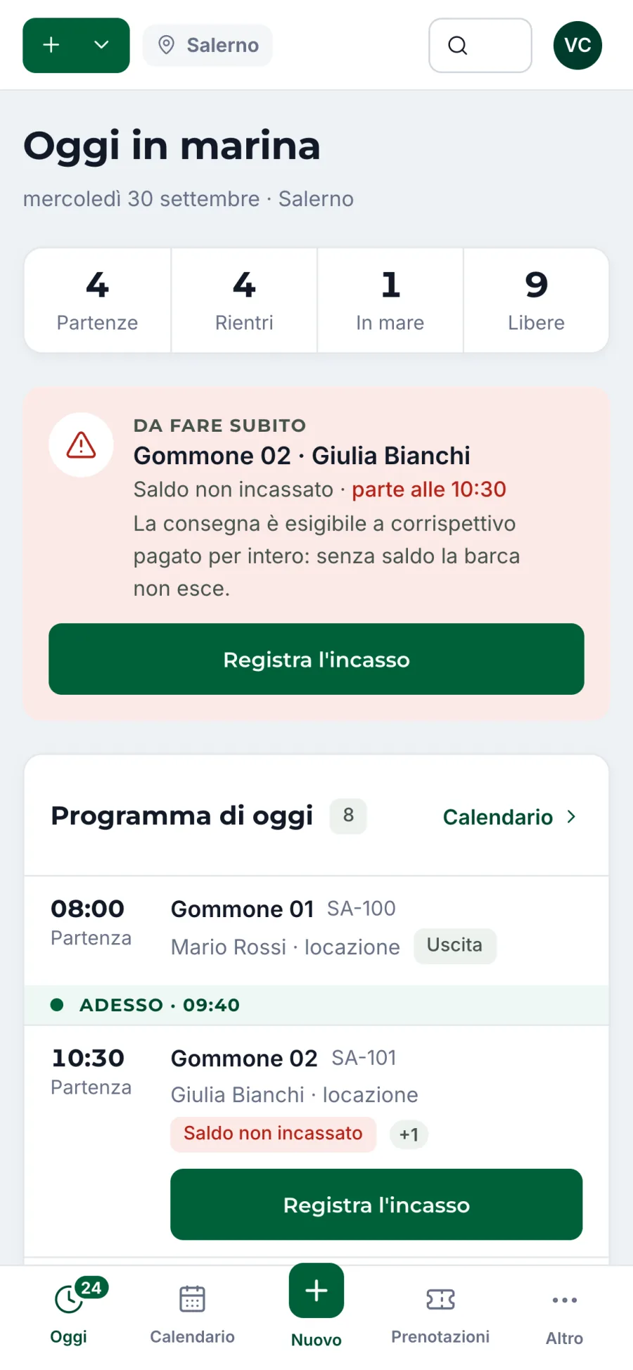 La schermata Oggi di MarinaManager sul telefono
