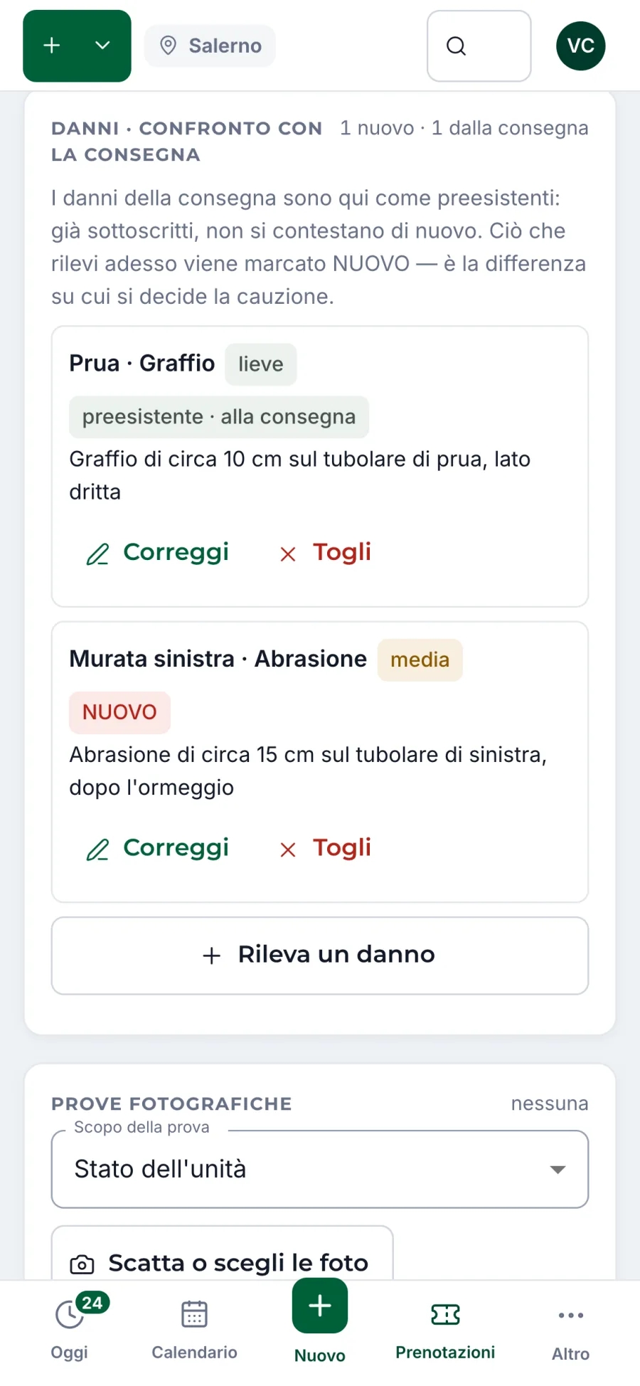 Il rientro al molo dal telefono: il danno già segnato alla consegna e quello nuovo