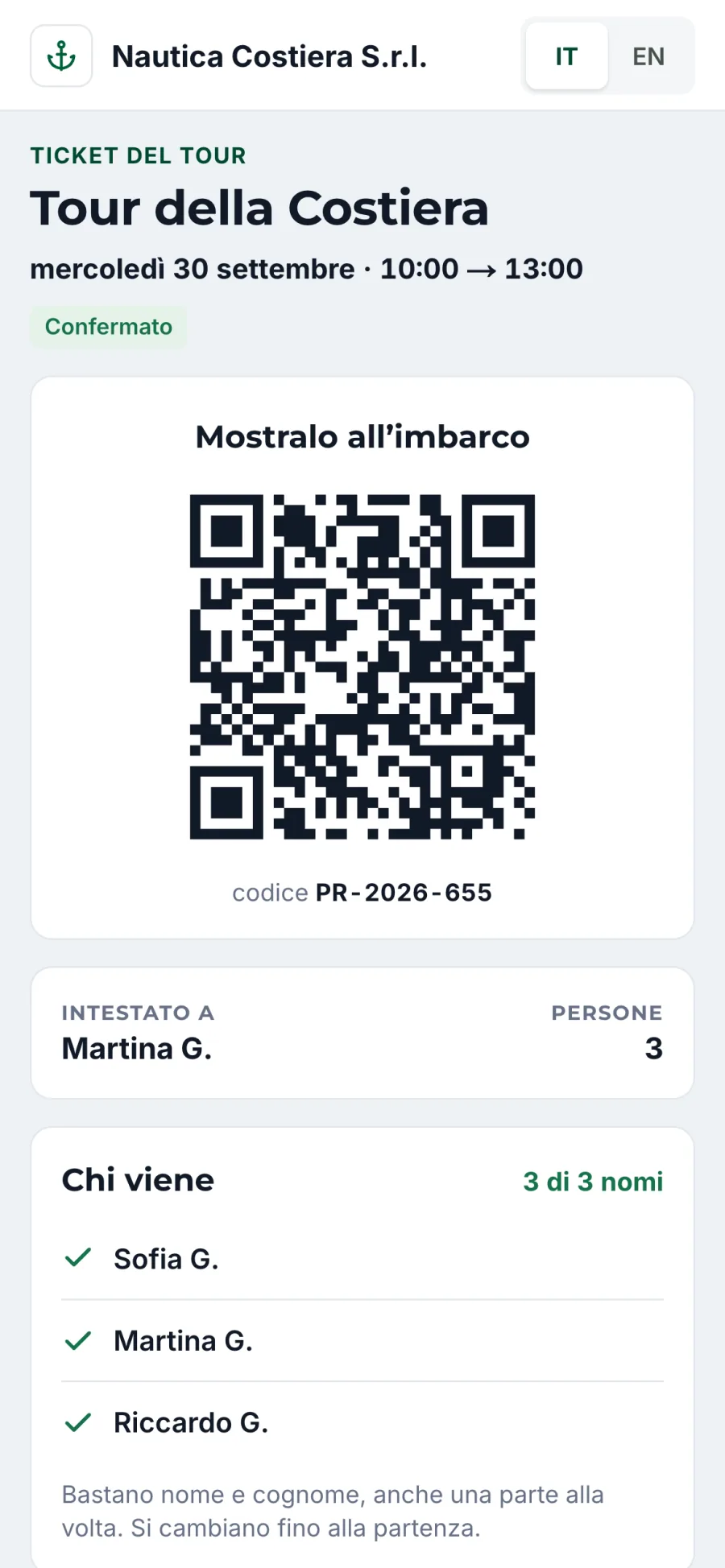 Il ticket di un tour col QR, come lo vede il cliente sul telefono, con i nomi di chi viene